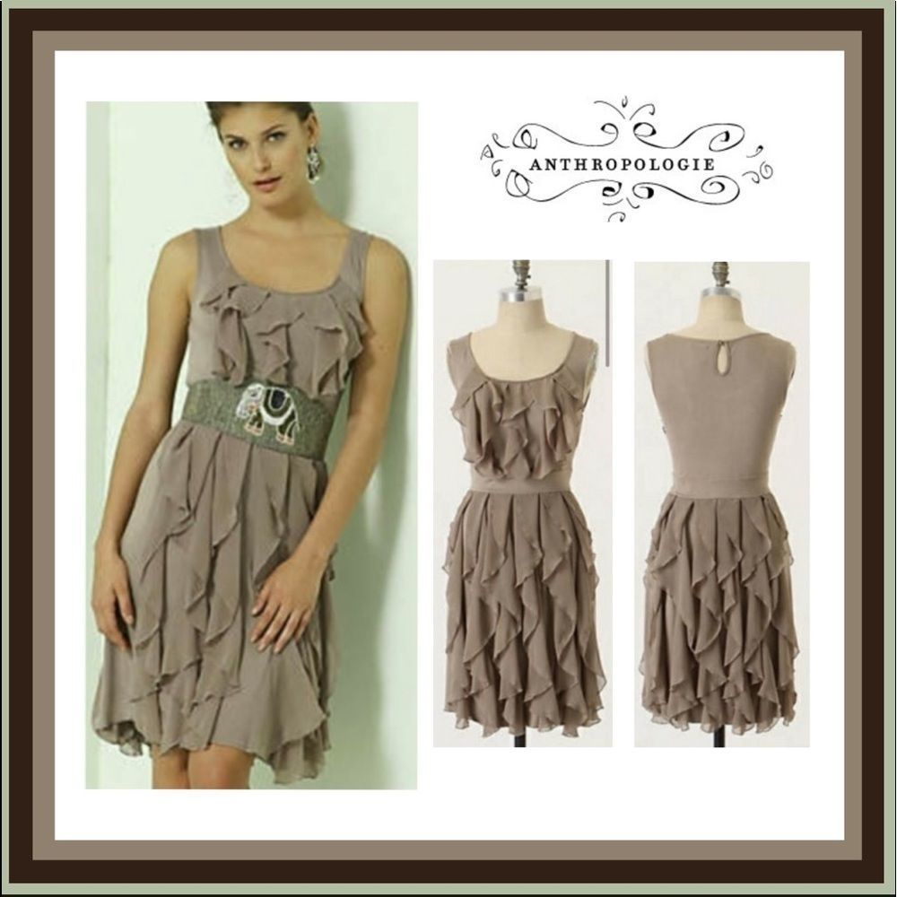 Anthropologie Ric Rac Rising Vapor Ruffle Dress in Taupe Size XS